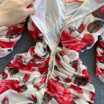 2021 Vasaros Kilimo Ir Tūpimo Tako Moterims Gėlių Spausdinti Plisuotos Bodycon Moteriška Suknelė Elegantiškas Sluoksniuotos Rankovėmis Aukštos Elastinga Juosmens Puoštas Tinklelio Suknelė