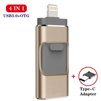4 in 1 OTG USB Flash Diskas 128GB 64GB 32GB USB 3.0 Pendrive iPhone/IOS/Tipas-C/Android/PC/ 