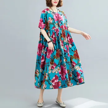 Johnature Moterų Vasaros Suknelės Medvilnės Skalbiniai Aukšto Juosmens Rūbeliai 2021 Naujas O-Kaklo Trumpomis Rankovėmis Spausdinti Gėlių Moterų Prarasti Suknelės
