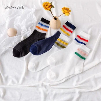 Mados moterų kojinės medvilnės spalvos Dryžuotas juokinga Harajuku laimingas Moterų Sandalai Kojinės Kolegijos stilius skaidrus ponios vamzdis kojinės