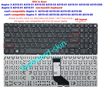 Naujas JAV Ne foninio apšvietimo klaviatūra Acer Aspire 3 A315-21 A315-31 A315-32 A315-33 A315-41 A315-41G A315-51 A315-52 A315-53 A315-53G