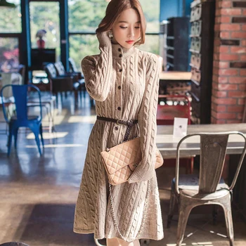 Pietų korėjos moterų naujas žieminis paltas twist ilgas megztinis megztas megztinis sukneles sutirštės žiemą