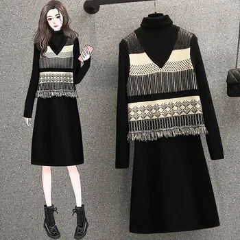 Plus Size Trikotažas Suknelė Nustatyti Prancūzijos Derliaus Ilgomis Rankovėmis Golfo Viršų Ir V Kaklo Liemenė Suknelė Dviejų Dalių Komplektas Korėjos Laisvalaikio Apranga