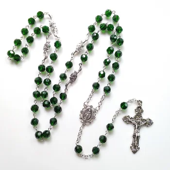 Religinės Katalikų Green Crystal Zawalcowany Grandinės Rožinio Vėrinį Our Lady Stebuklingas Medalis Koplytstulpis Kryžius, Rožančius Malda Papuošalai
